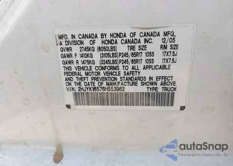 2006 Honda Ridgeline Rtl from USA, damaged, VIN 2HJYK16576H553962